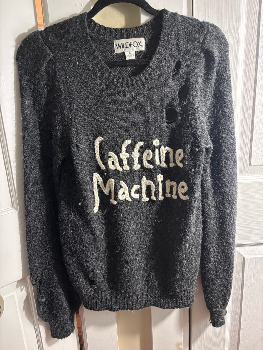 Wildfox Charcoal 'Caffeine Machine' Distressed Crewneck Sweater